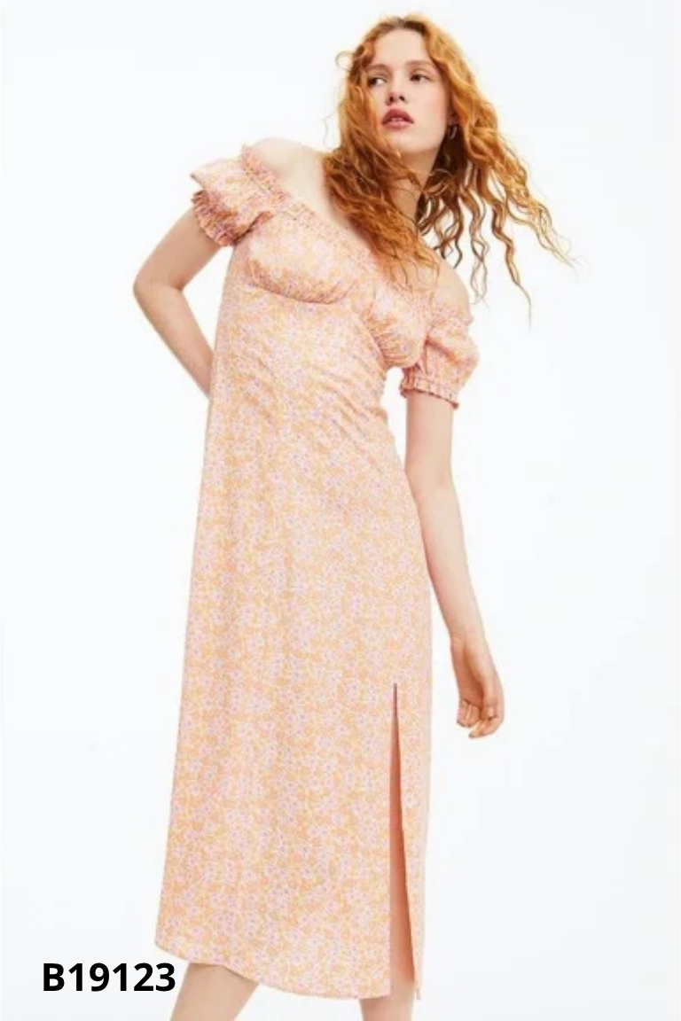 Váy hoa cam hồng H&M xẻ tà