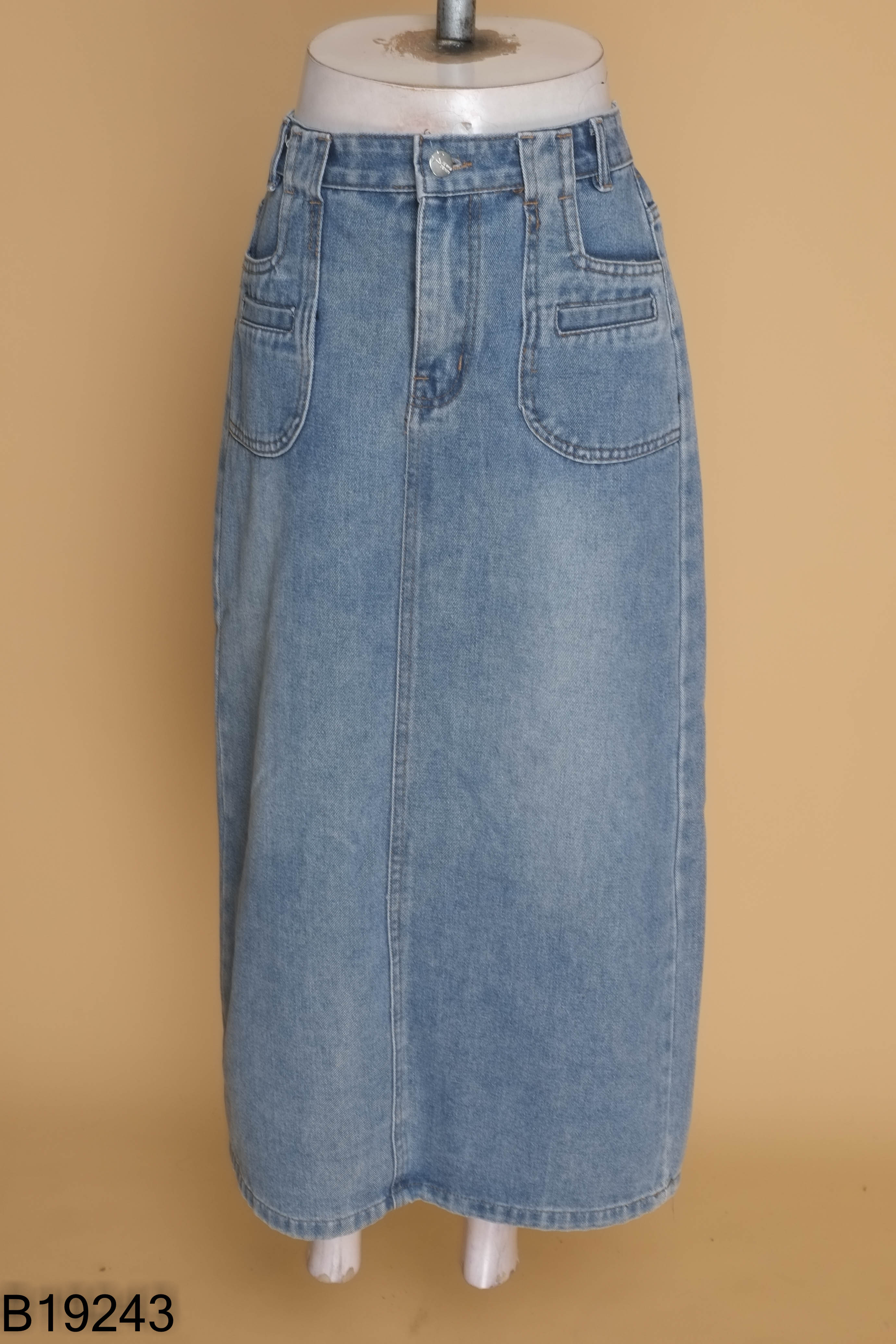 Chân váy jeans xanh trơn suông dài