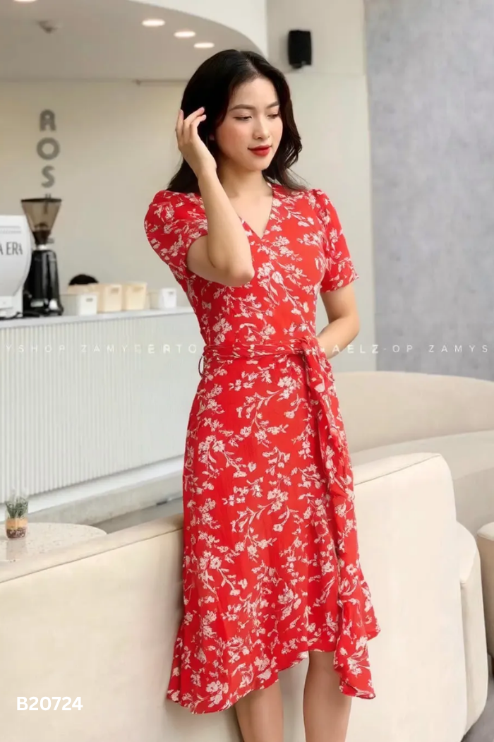 Váy đỏ hoa ZAMY cổ V