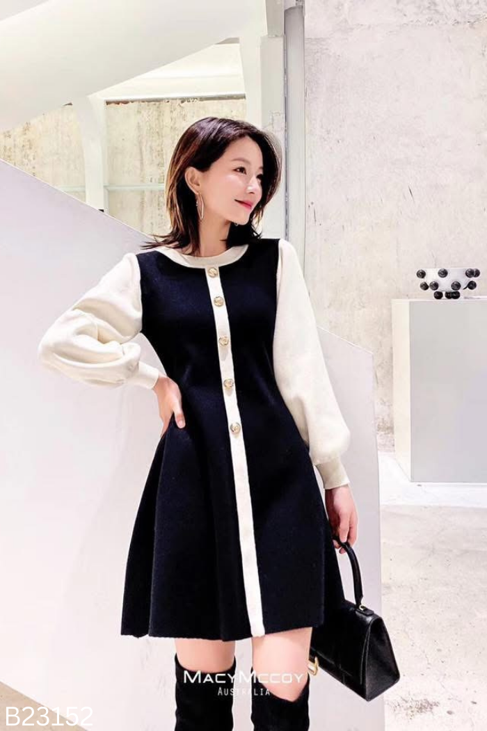 Váy len đen phối tay be