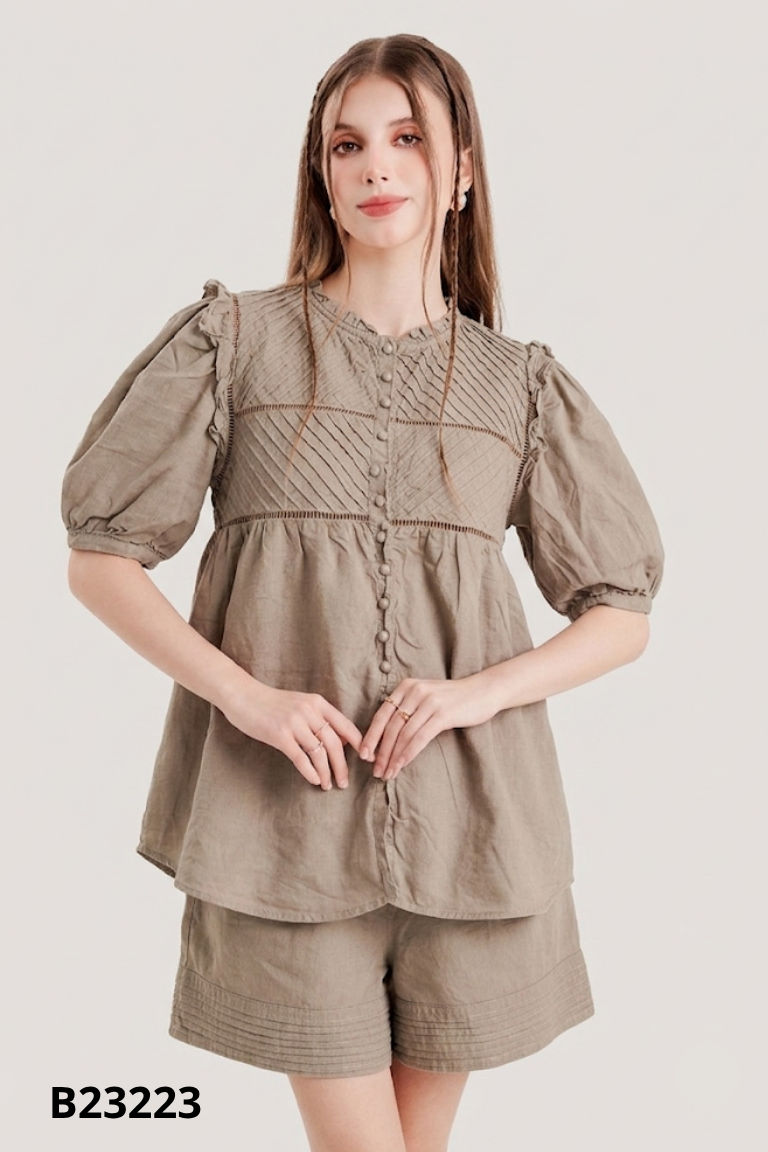 Set linen nâu áo kiểu + quần shorts