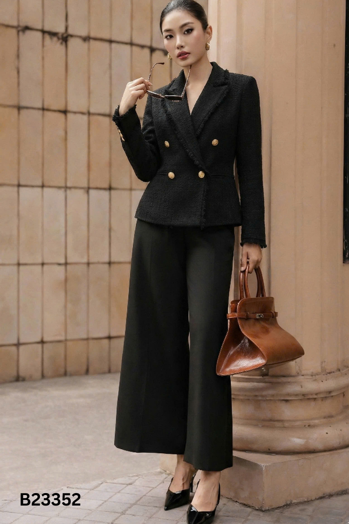Áo khoác dạ tweed đen SILVER MOON cổ vest