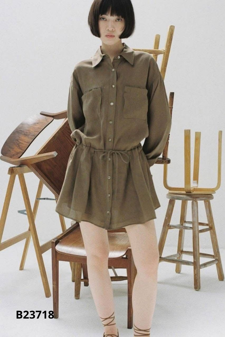 Váy ZARA xanh rêu cổ sơ mi