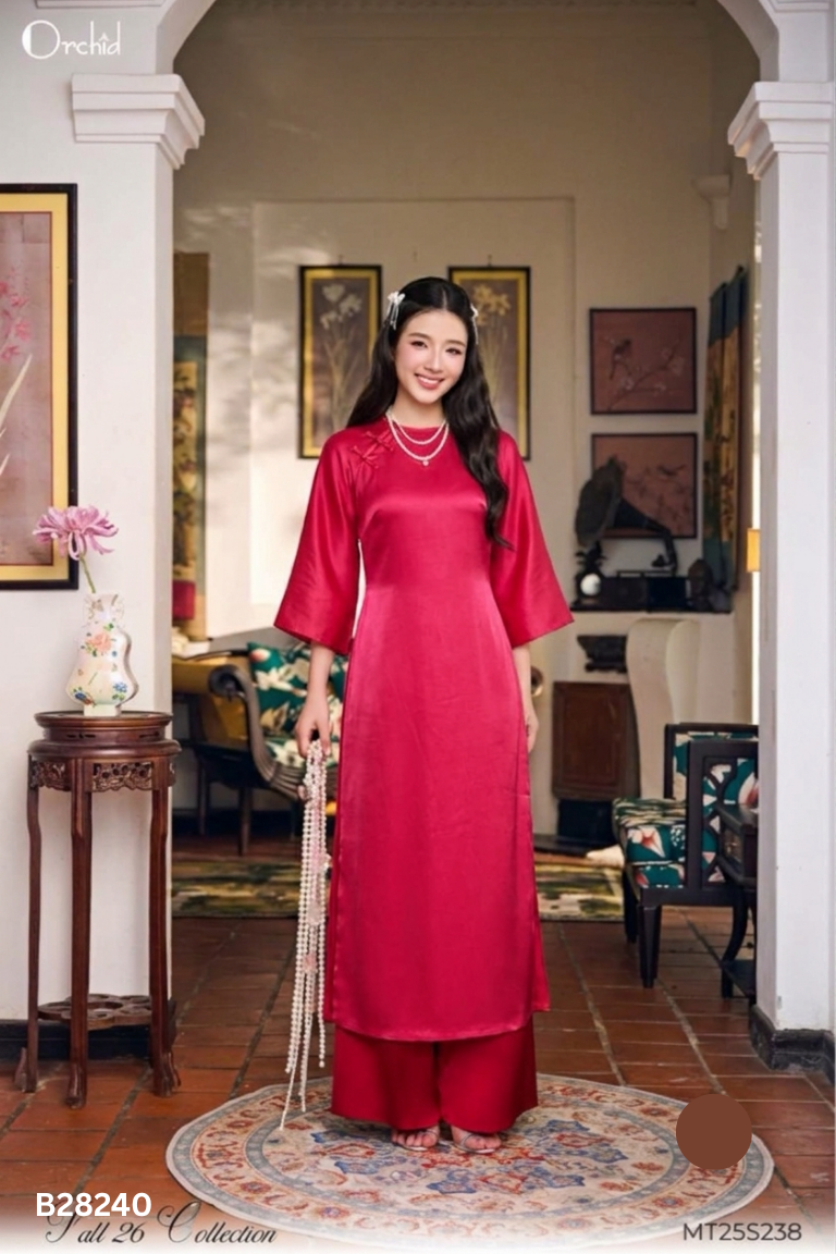 Set áo dài lụa đỏ trơn+quần