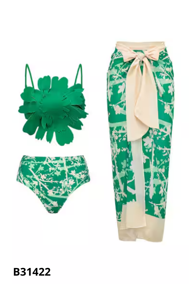 SET Bikini 3 mảnh xanh họa tiết + quần voan