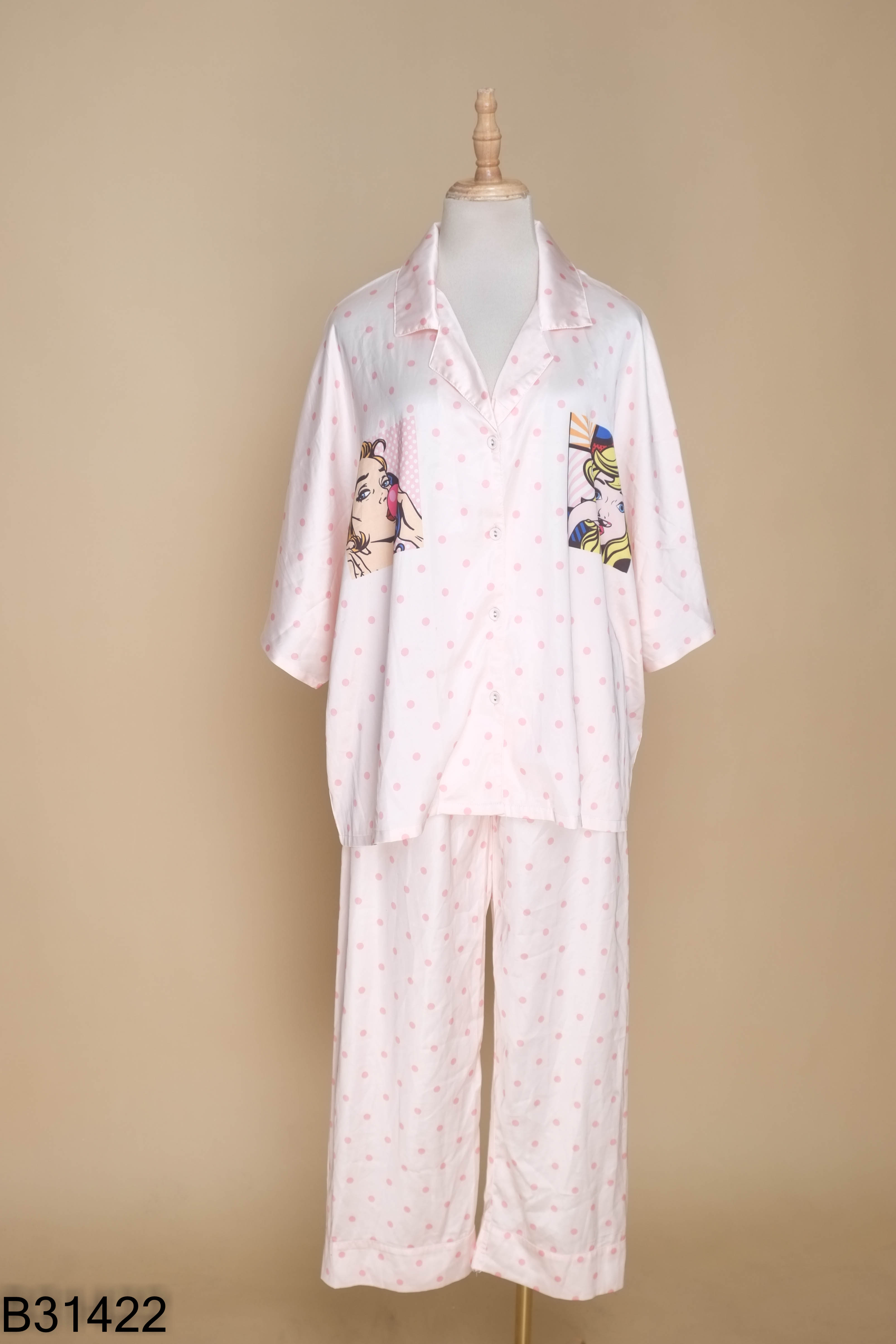 Set đồ ngủ lụa hồng chấm bi