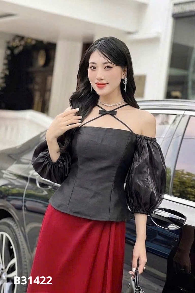 Áo đen 2FLEURS nơ tay phồng