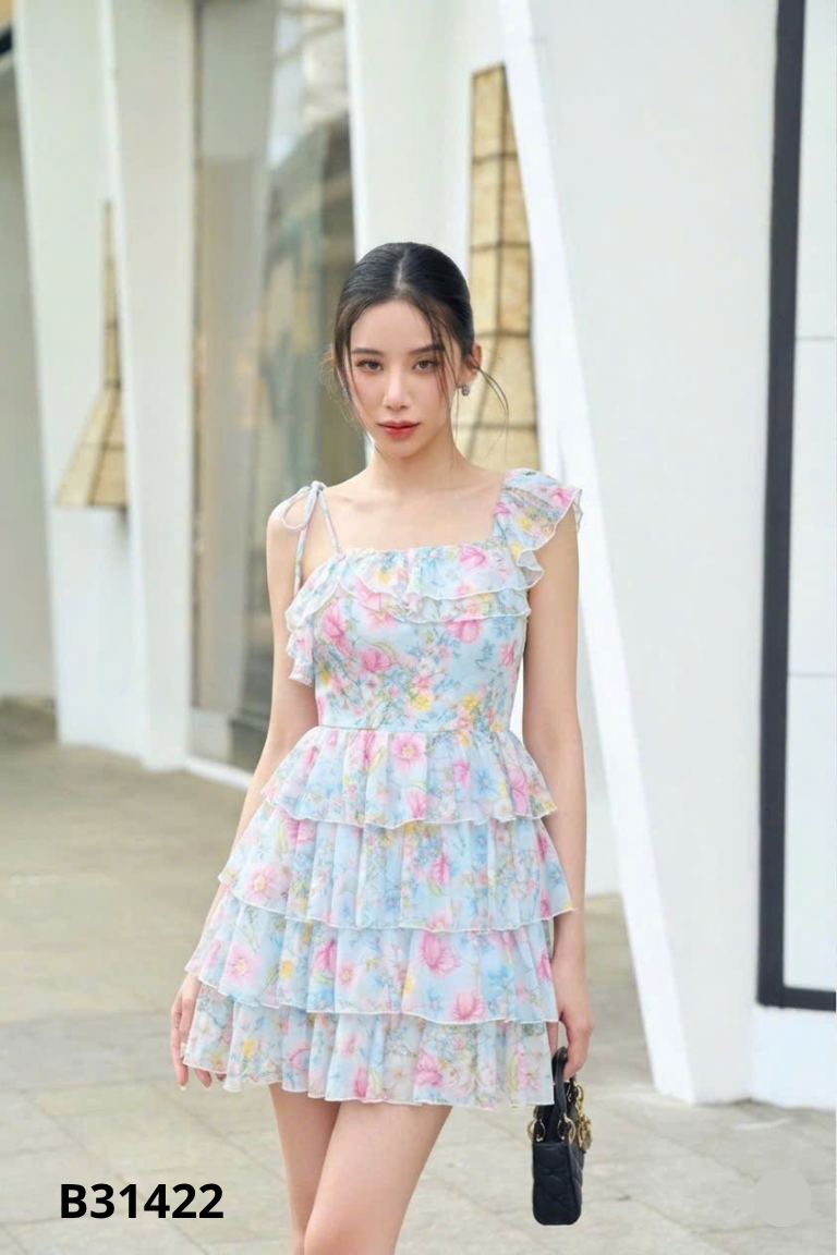Váy xanh hoa RITARA phối bèo lệch vai