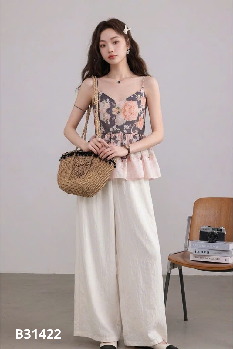 NEWTAG Set Áo hai dây be hoa + quần dài
