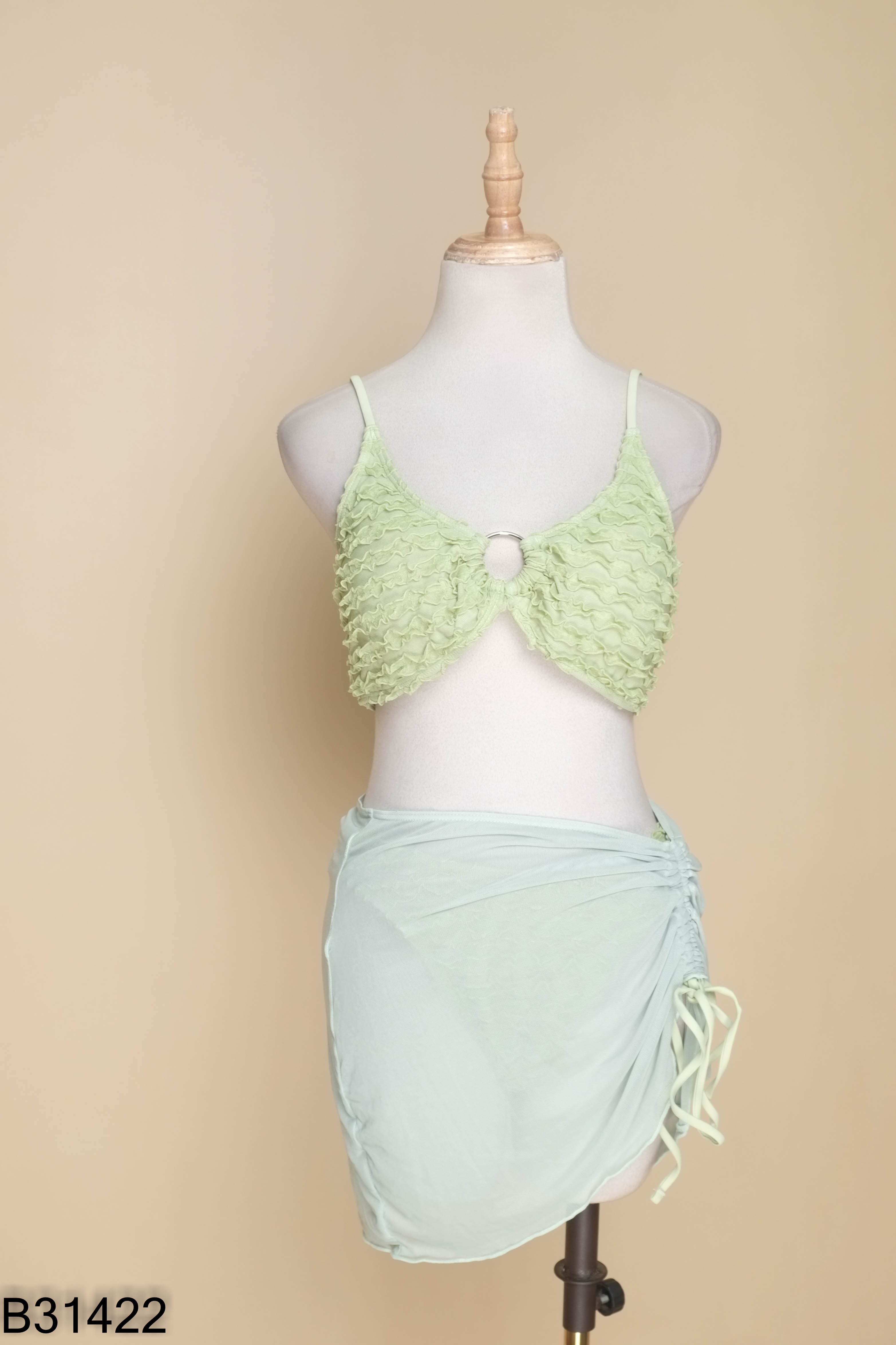 Set Bikini 2 mảnh xanh phối chân váy lưới