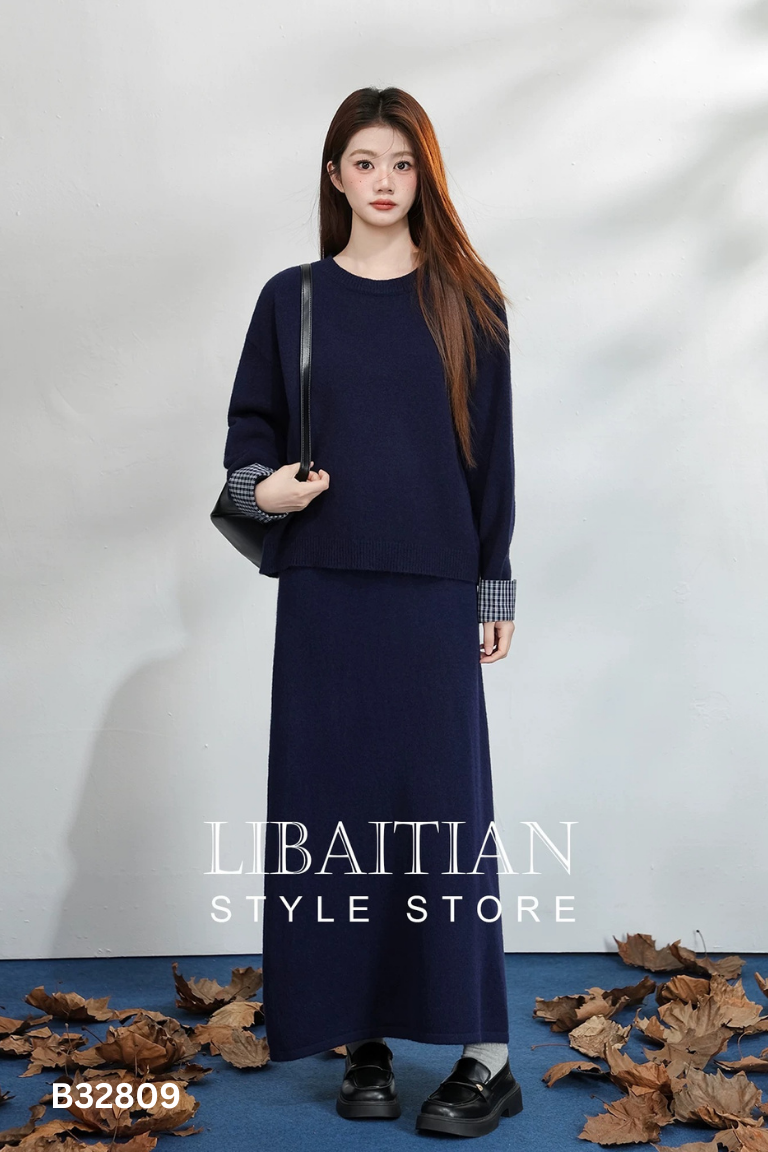 Set áo + chân váy len xanh dương