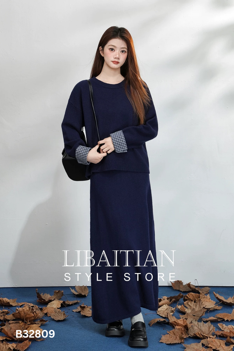 Set áo + chân váy len xanh dương