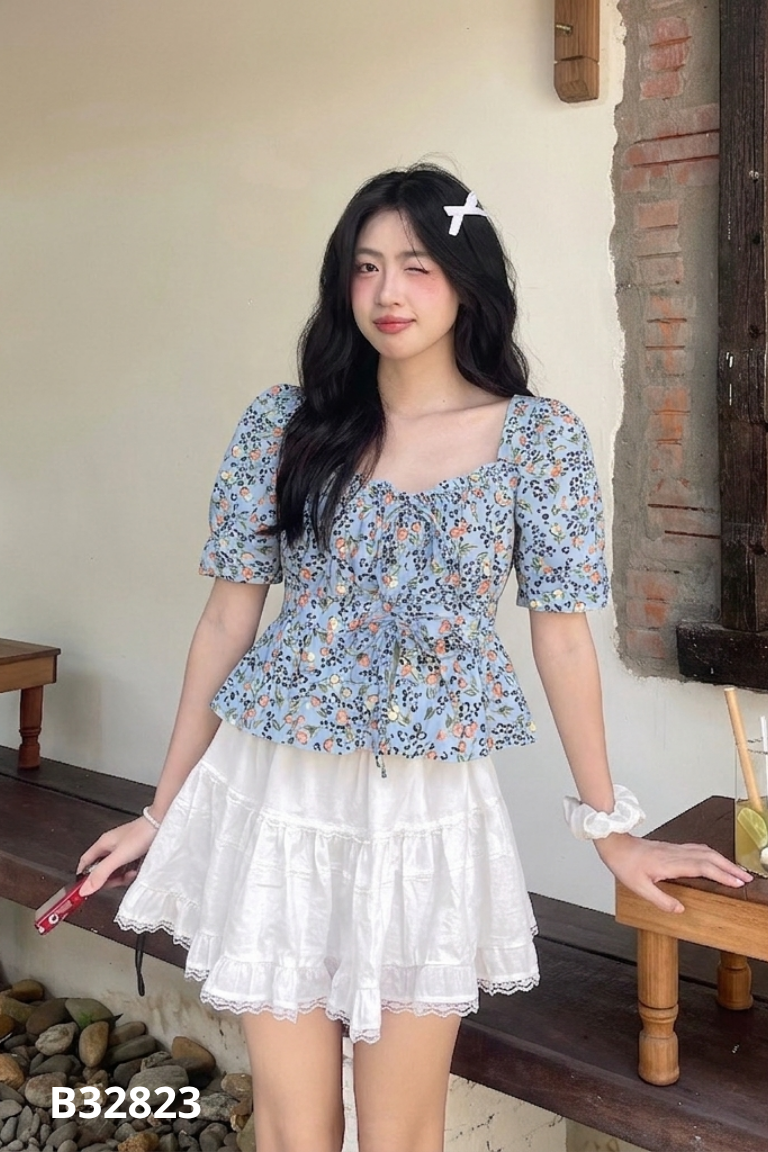 Áo linen xanh họa tiết