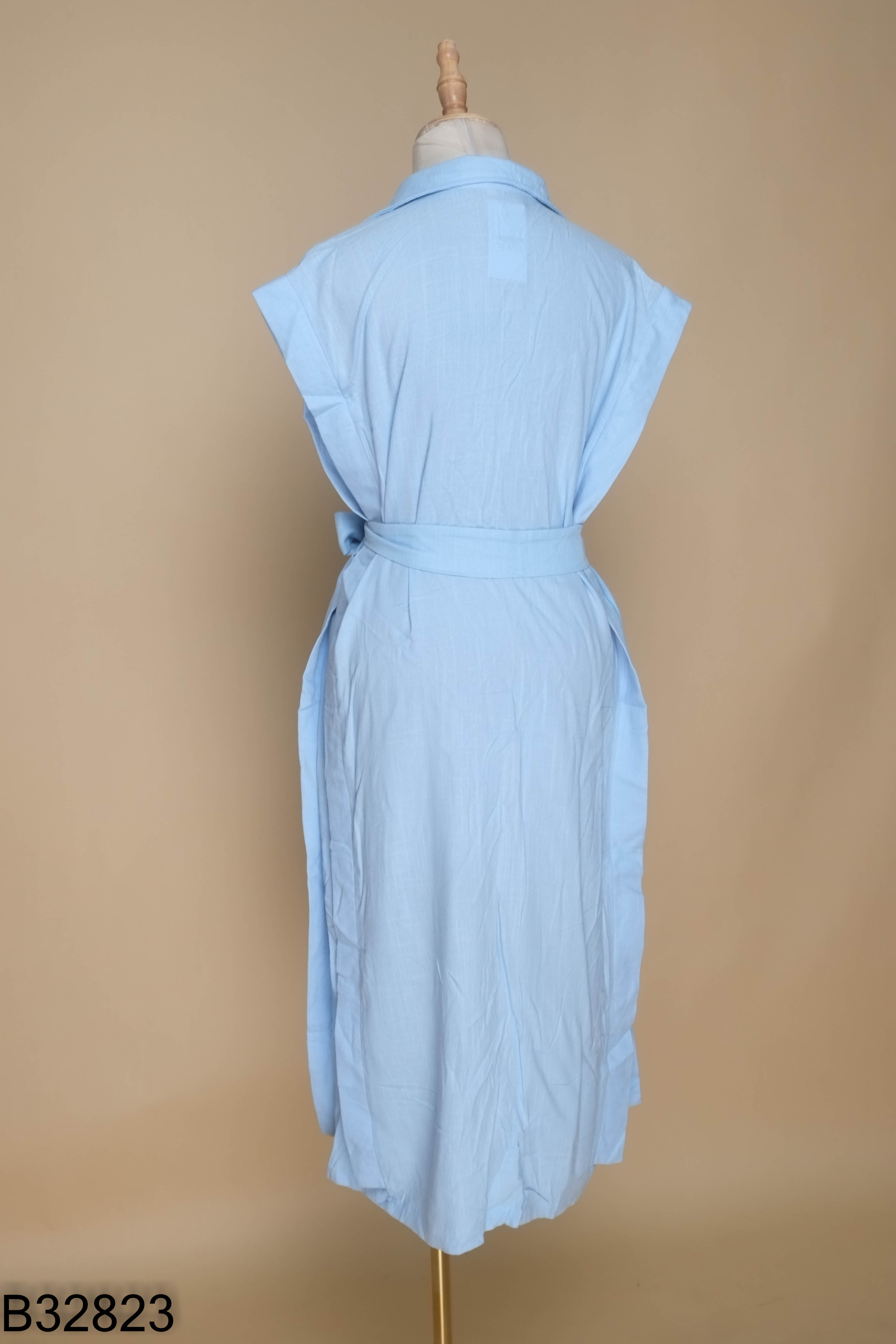 Váy linen xanh cổ sơ mi suông