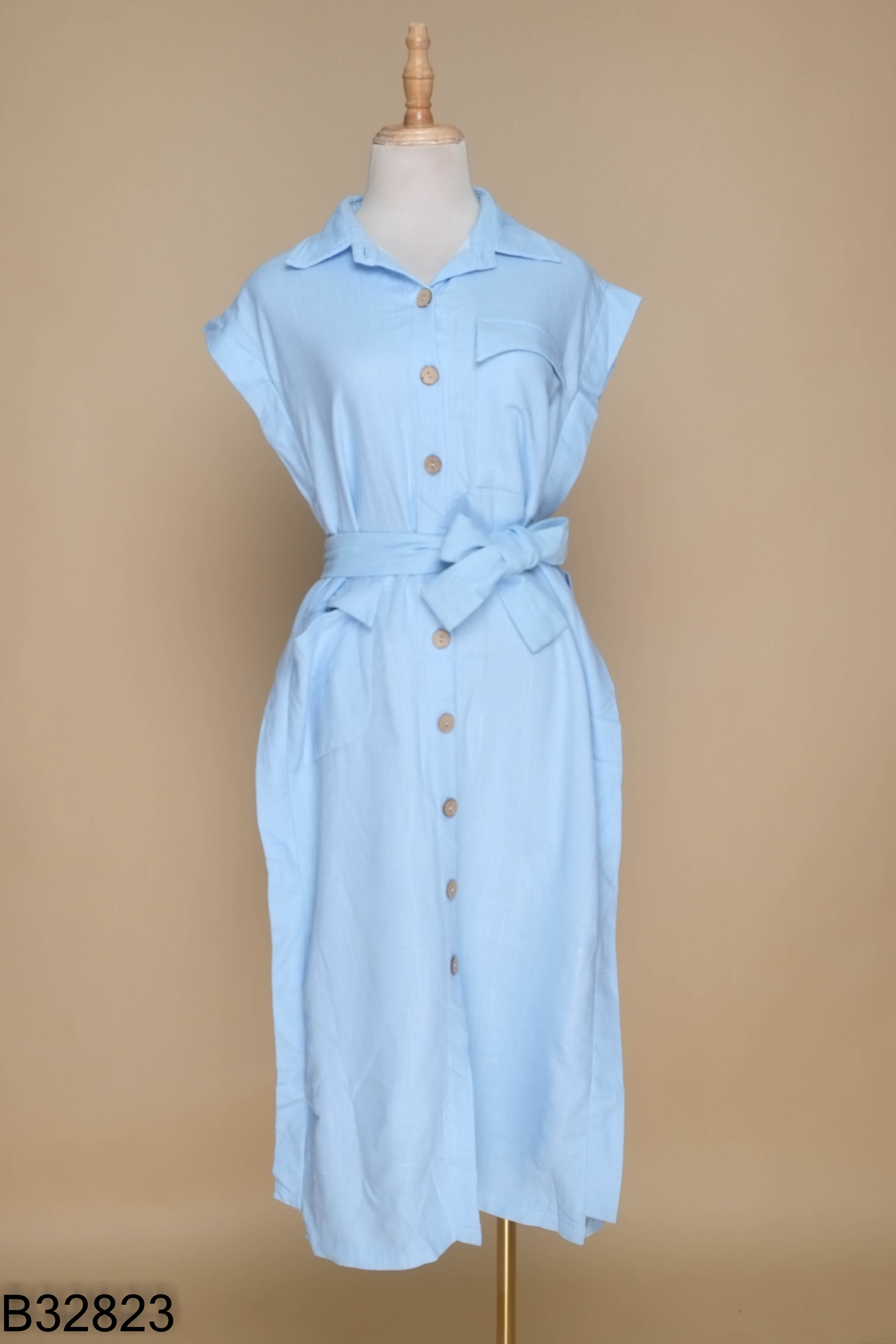 Váy linen xanh cổ sơ mi suông