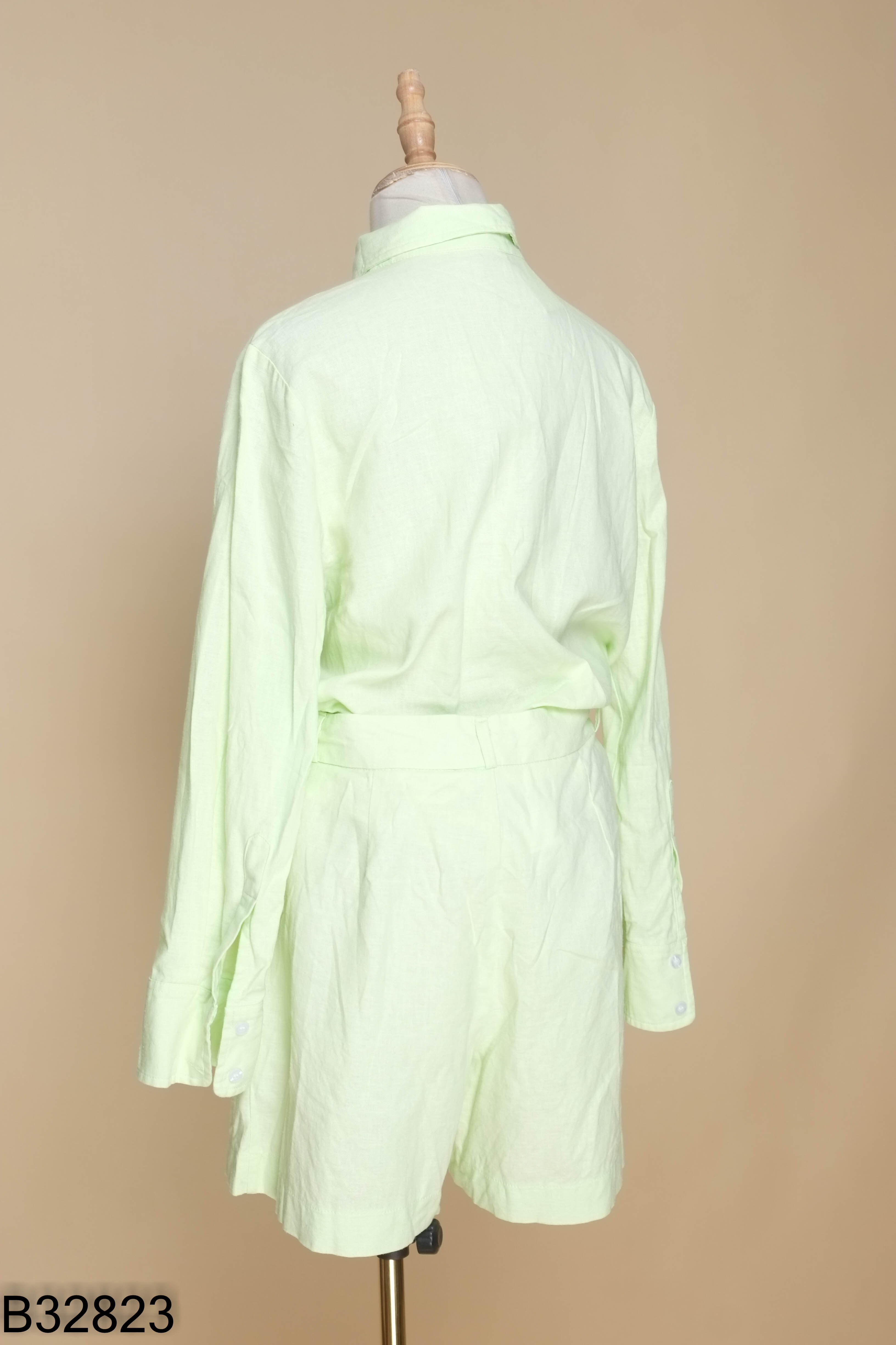 Set linen xanh neon áo sơ mi + quần shorts