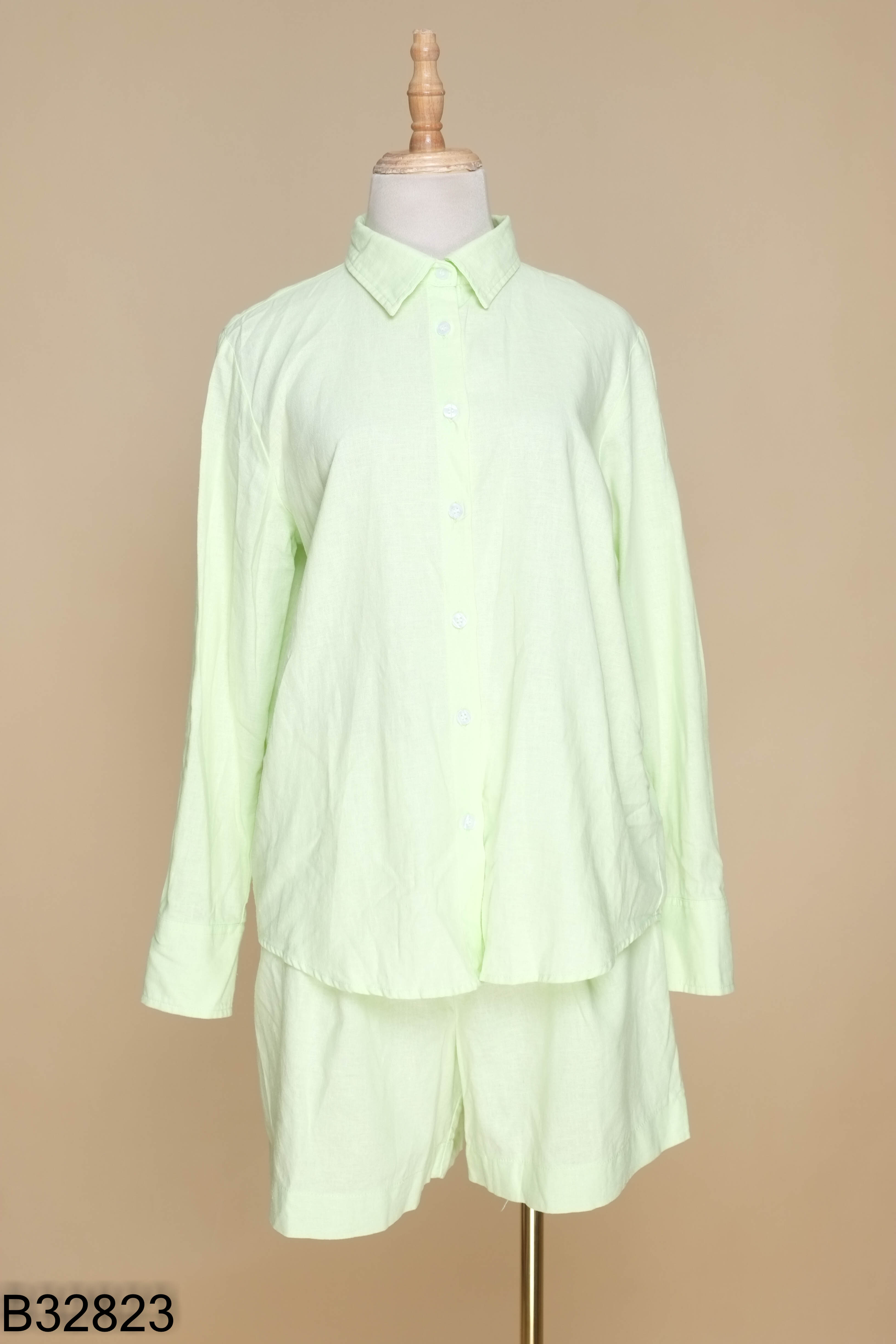 Set linen xanh neon áo sơ mi + quần shorts