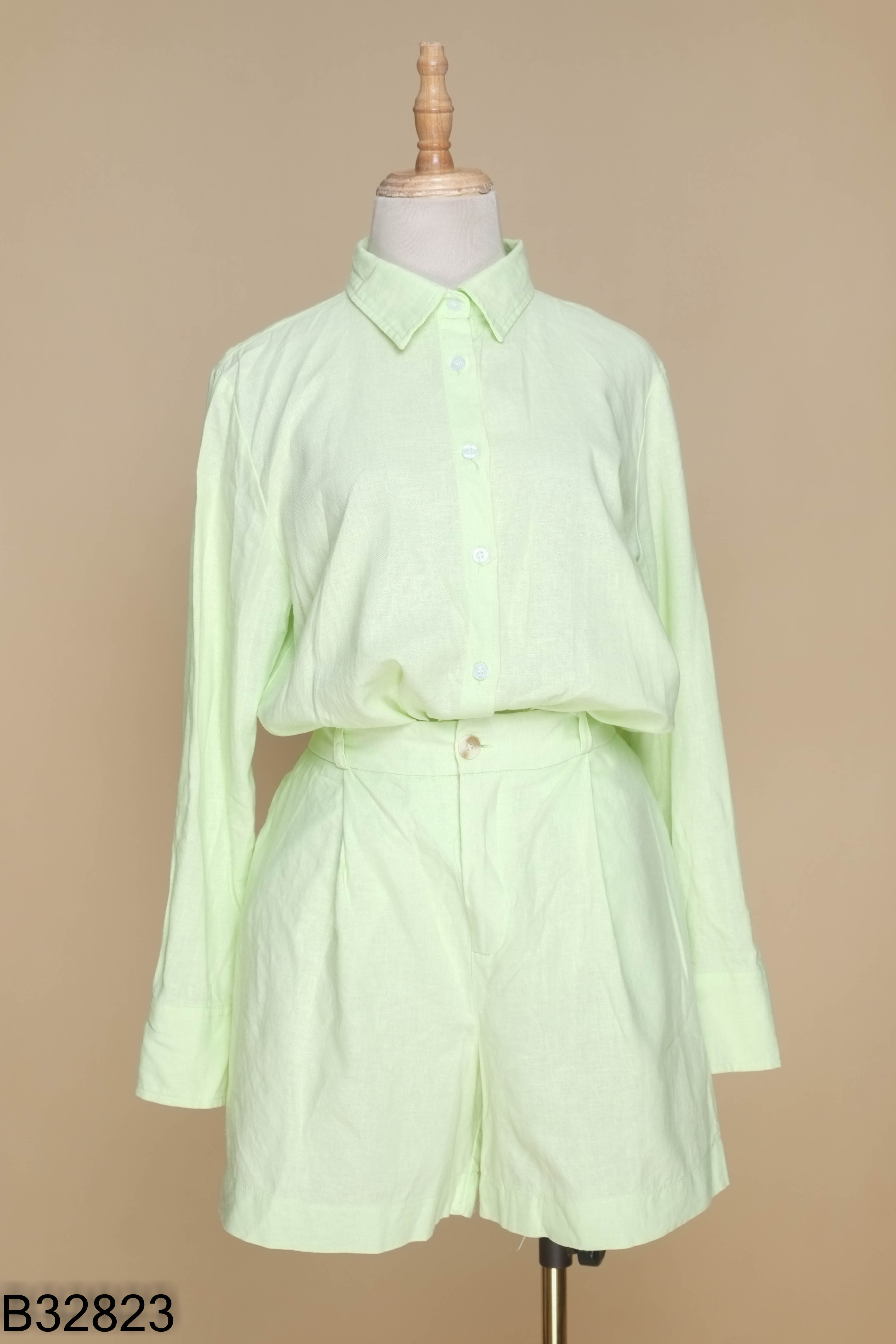 Set linen xanh neon áo sơ mi + quần shorts