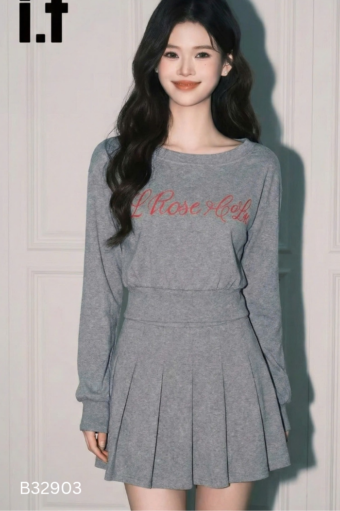 NEWTAG Set xám áo croptop + chân váy