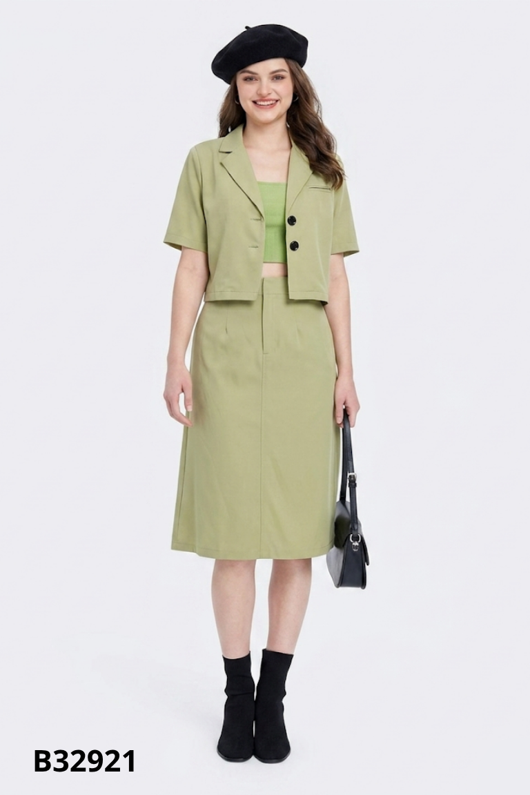 Set CATI Clothing xanh áo cổ vest + chân váy