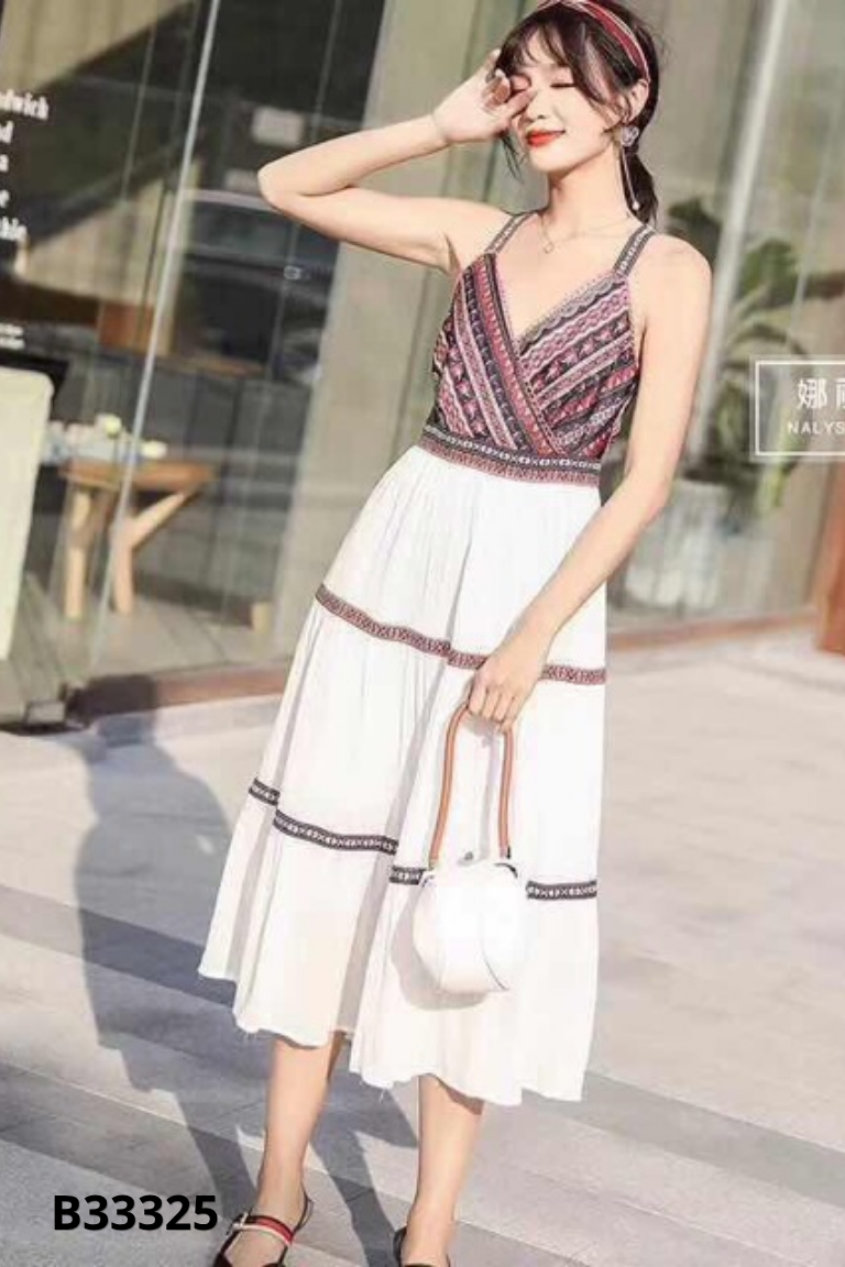 Vay 2 dây thổ cẩm kem mix đỏ