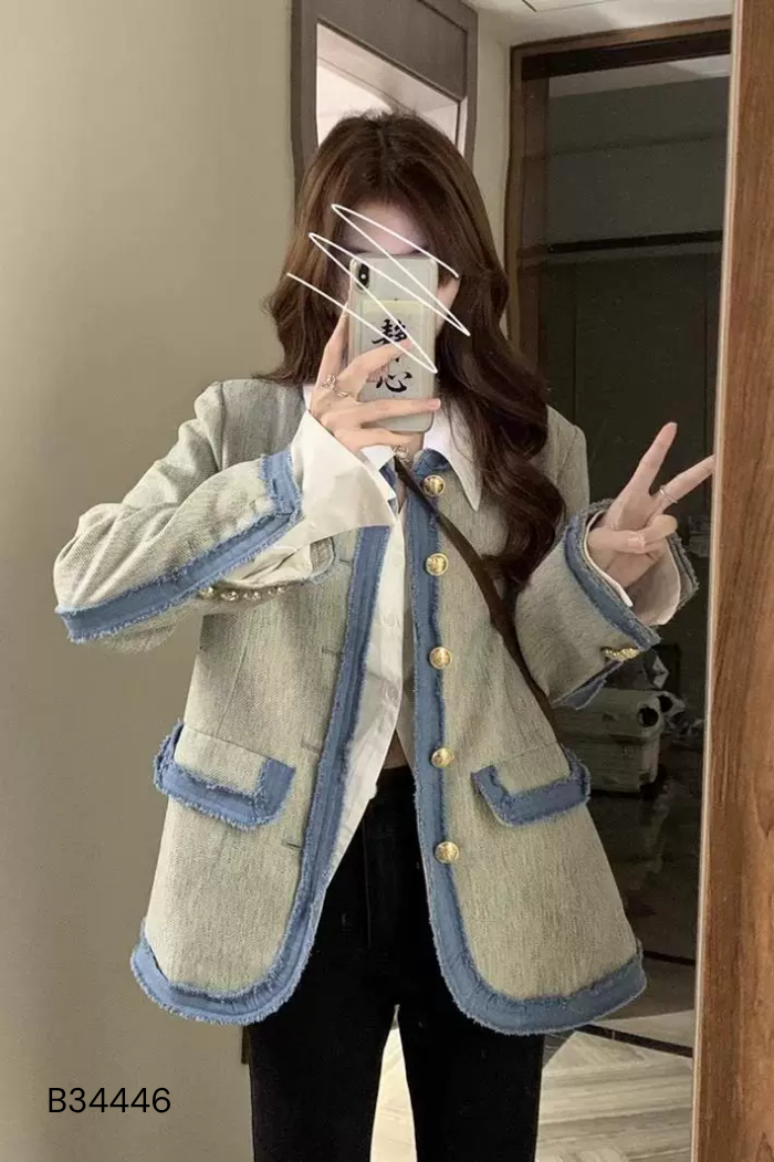 Áo khoác dạ phối cổ jeans xanh
