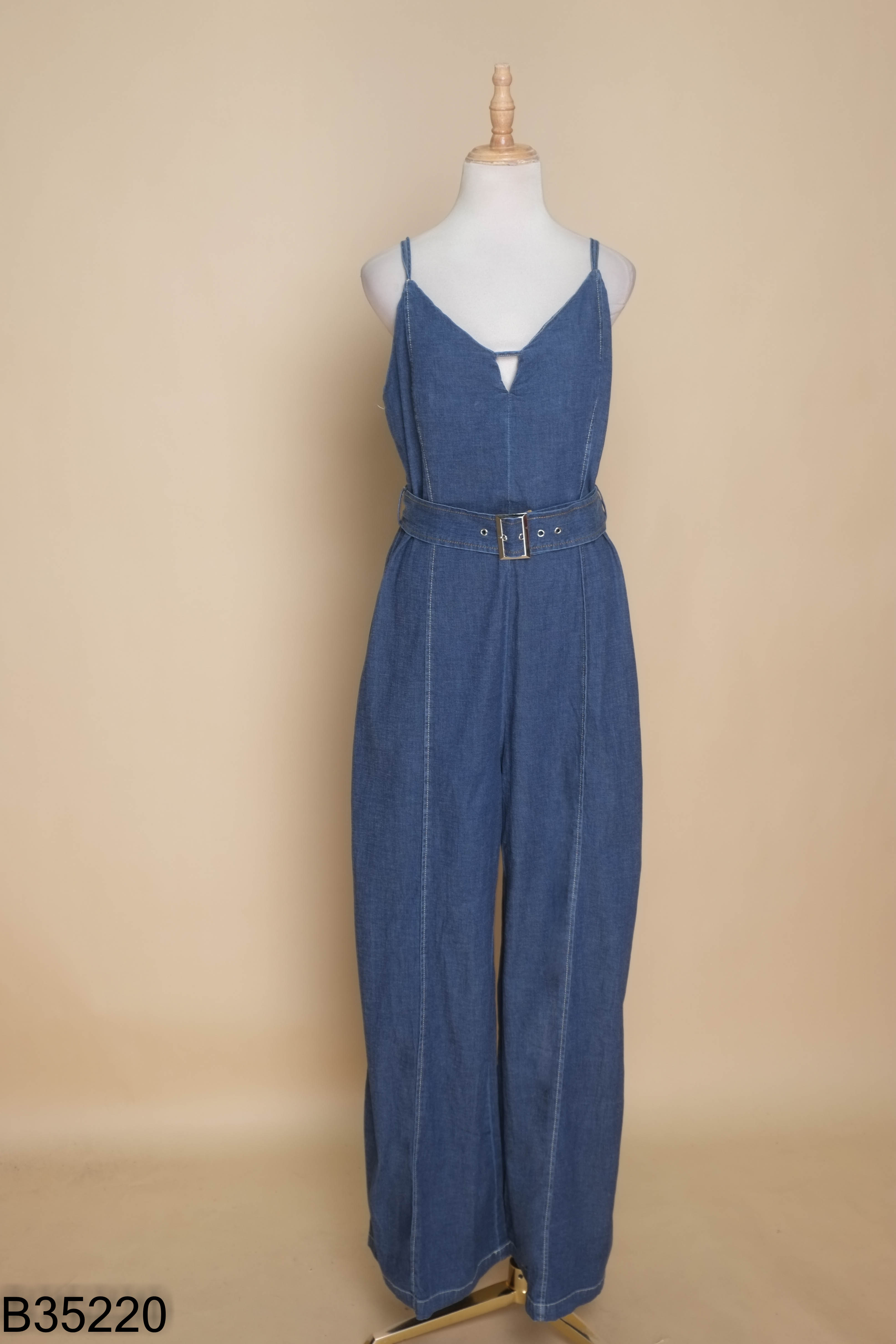 Jumpsuits hai dây jeans xanh phối đai
