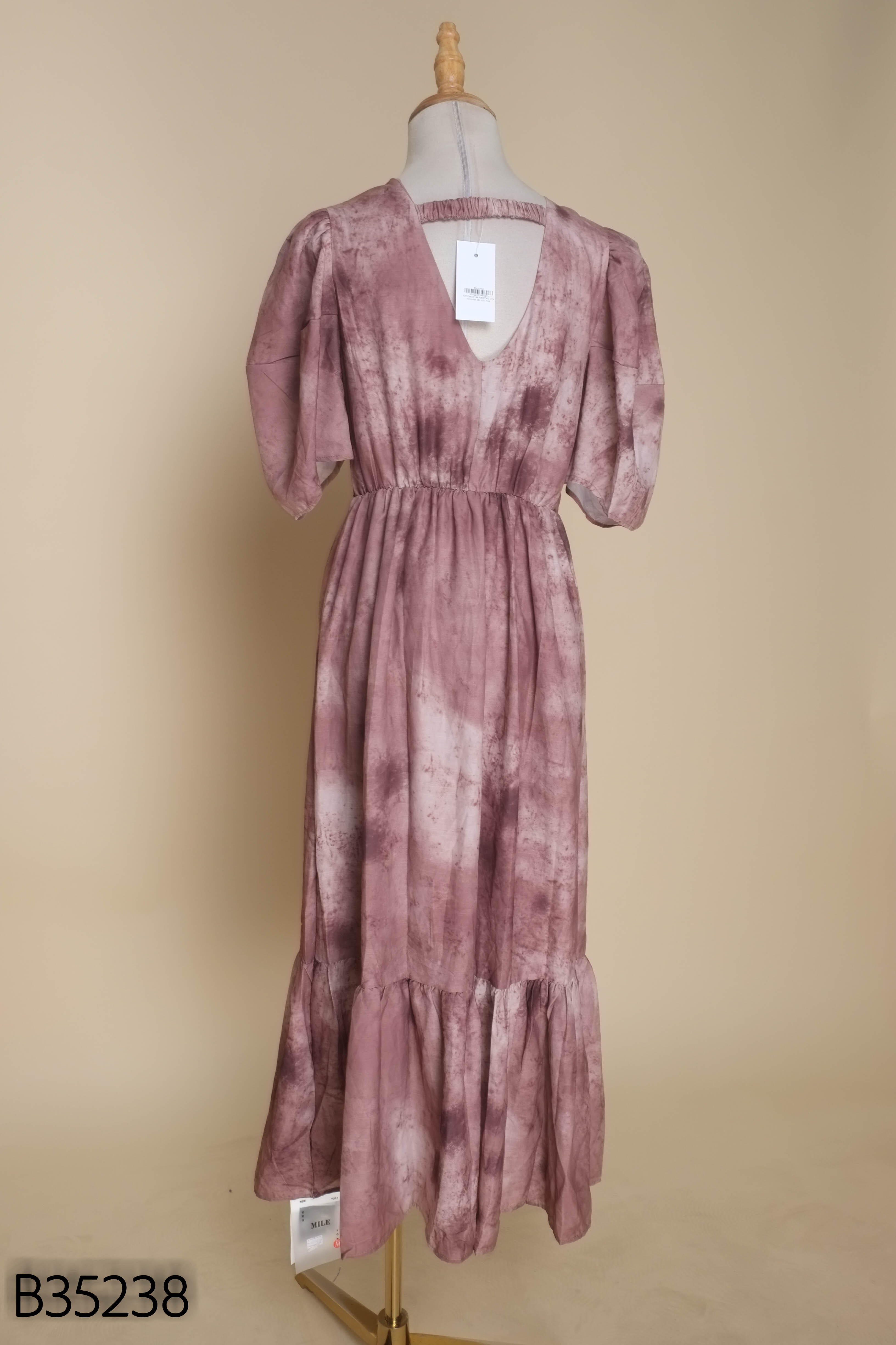 NEWTAG Váy babydoll dài nâu họa tiết loang