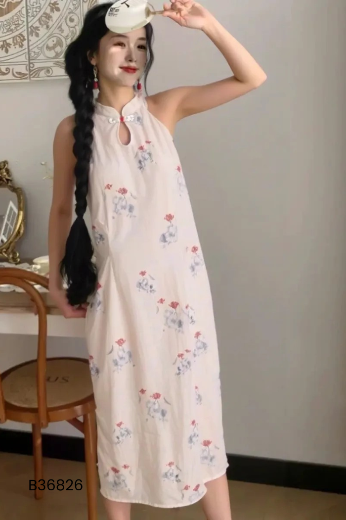 Sườn xám be hoạ tiết