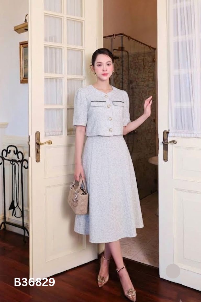 Set xám áo kiểu + chân váy