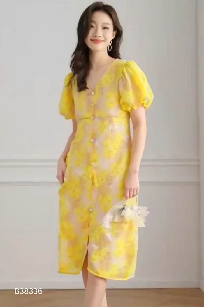 Váy hoa vàng tay phồng