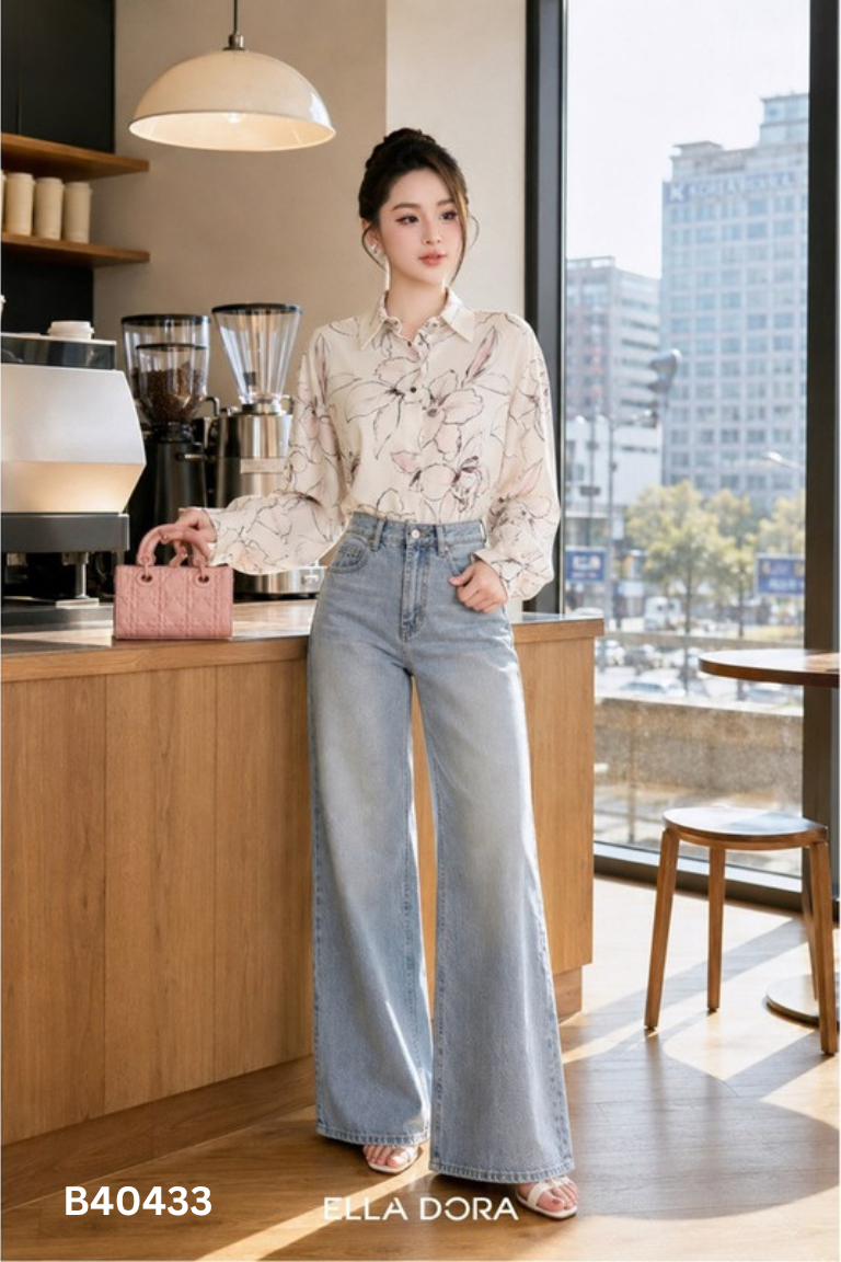 Áo sơ mi ELLA DORA lụa hồng hoa