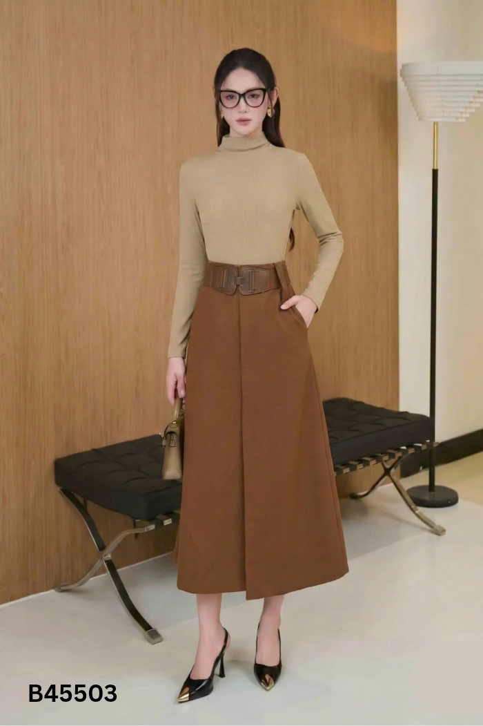 Chân váy nâu trơn chữ A dáng dài