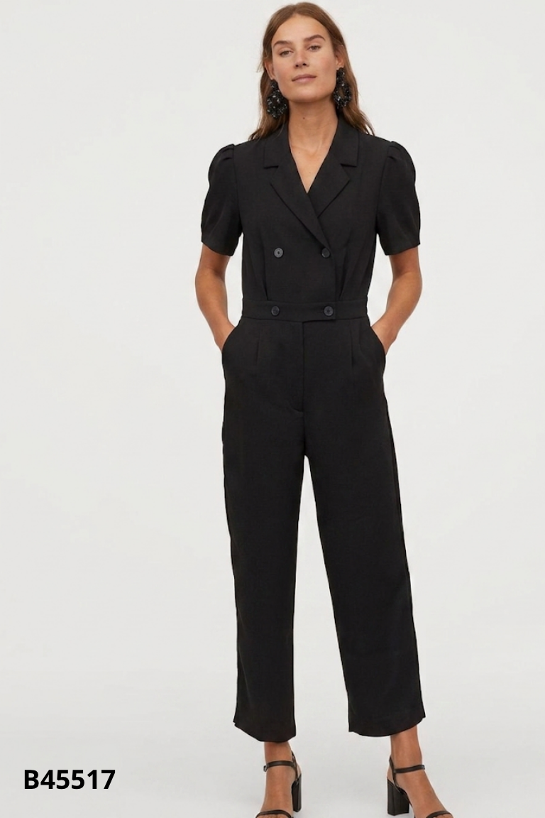 Jumpsuits cổ vest đen chun eo