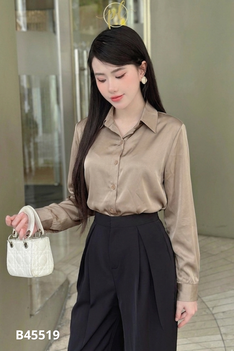 Áo sơ mi lụa trơn nâu