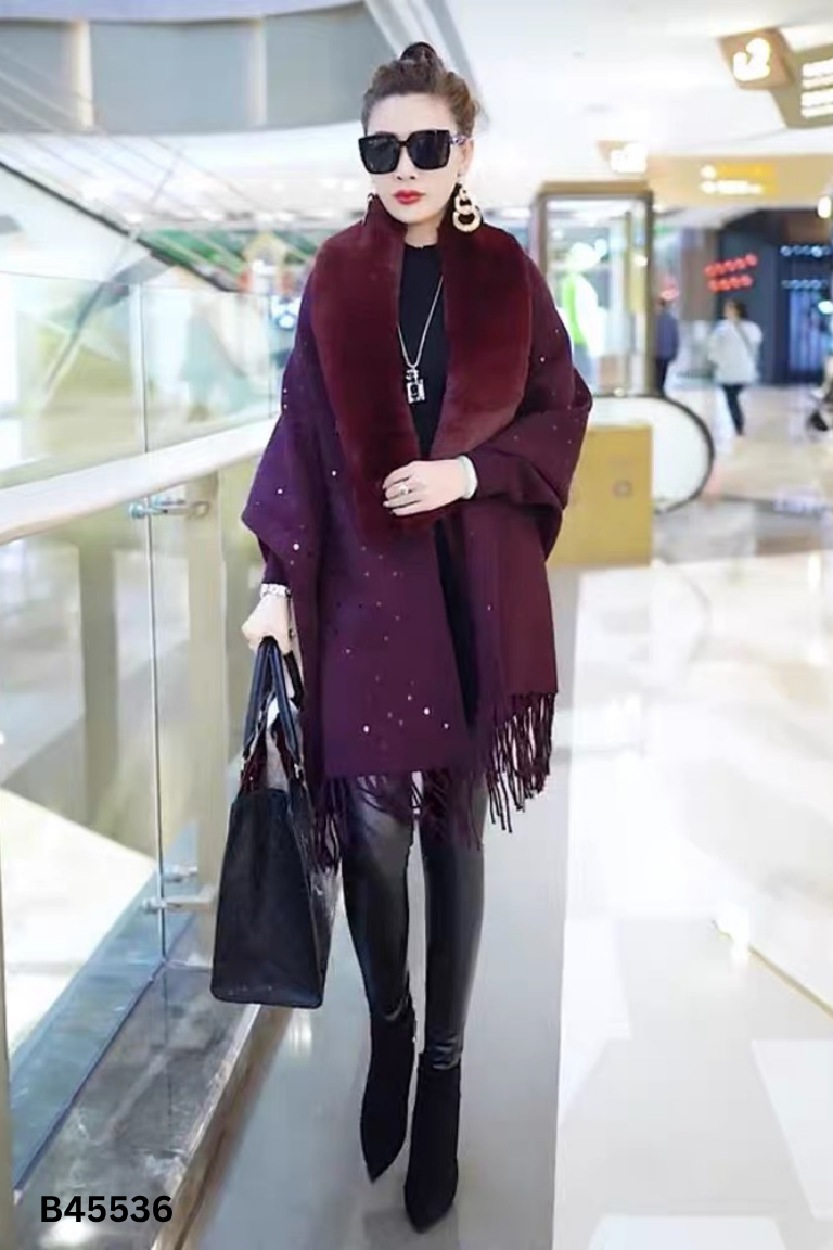 NEWTAG Áo len đỏ choàng đính phối lông