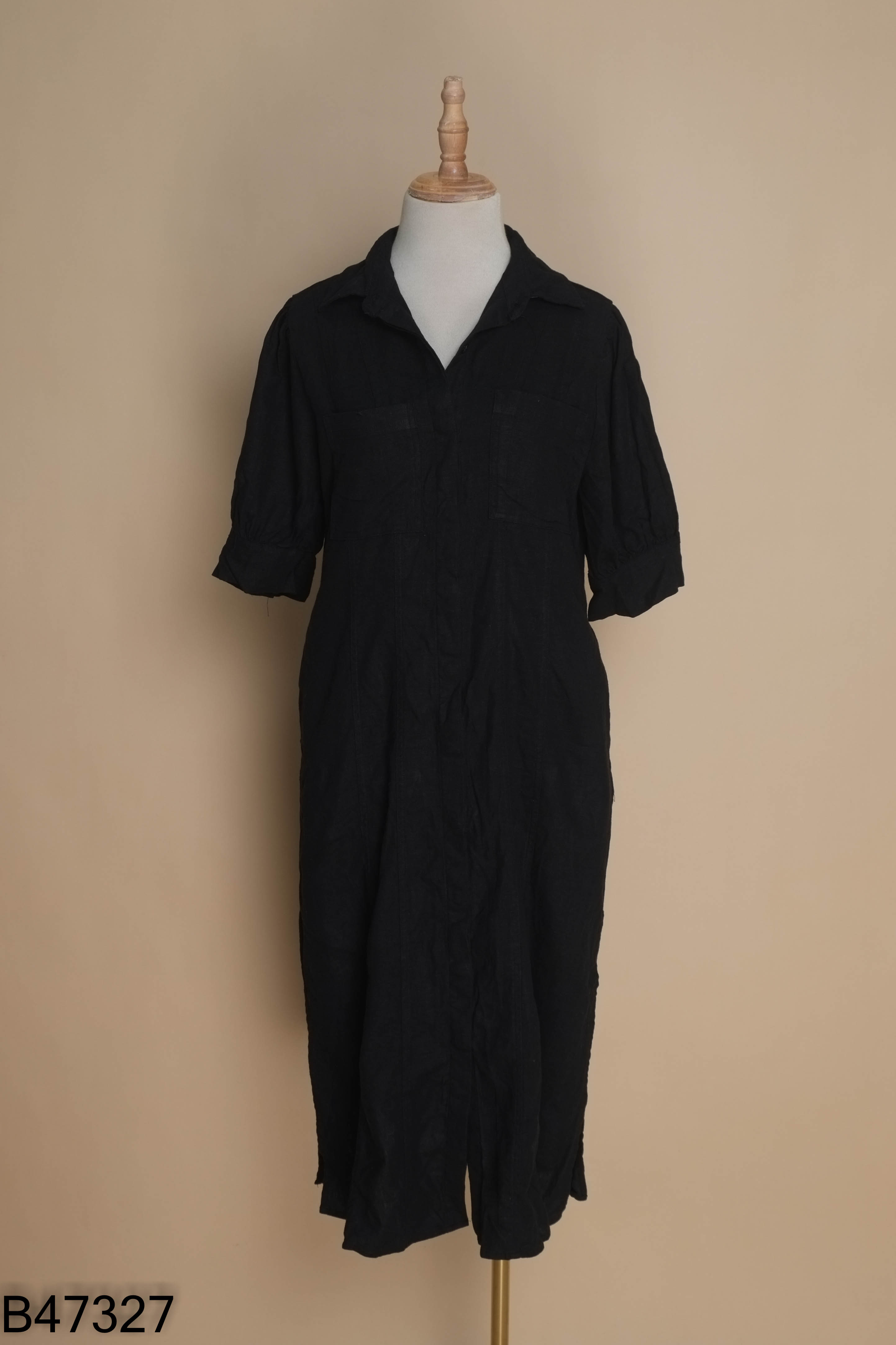 Váy linen đen MANGO phối cúc (XUẤT)