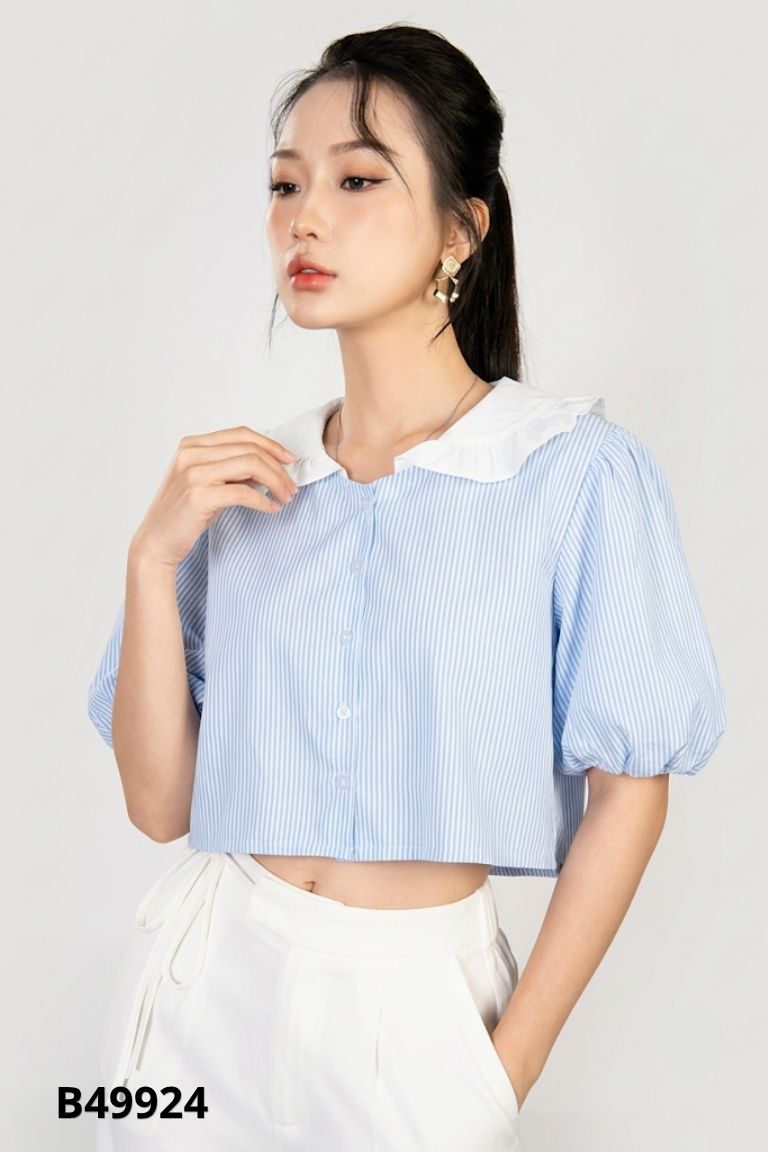 Áo sơ mi nữ croptop xanh kẻ trắng