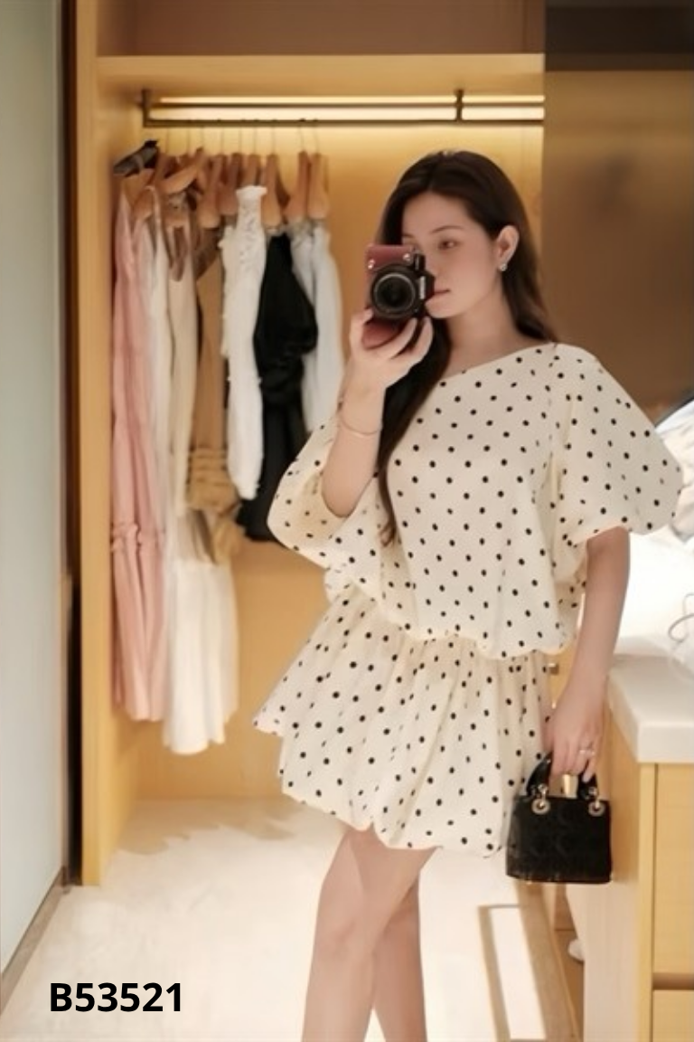 NEWTAG Set Áo be chấm bi cổ thuyền + chân váy