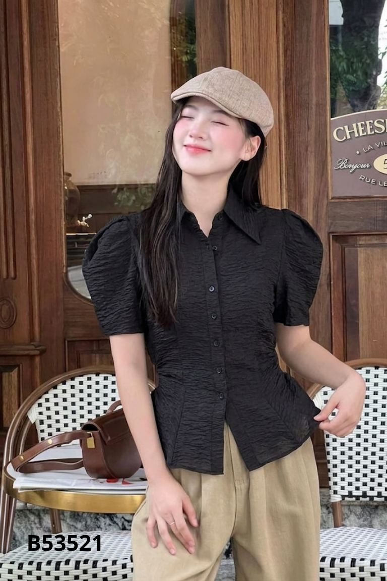 NEWTAG Áo đen 1302LAB dúm eo