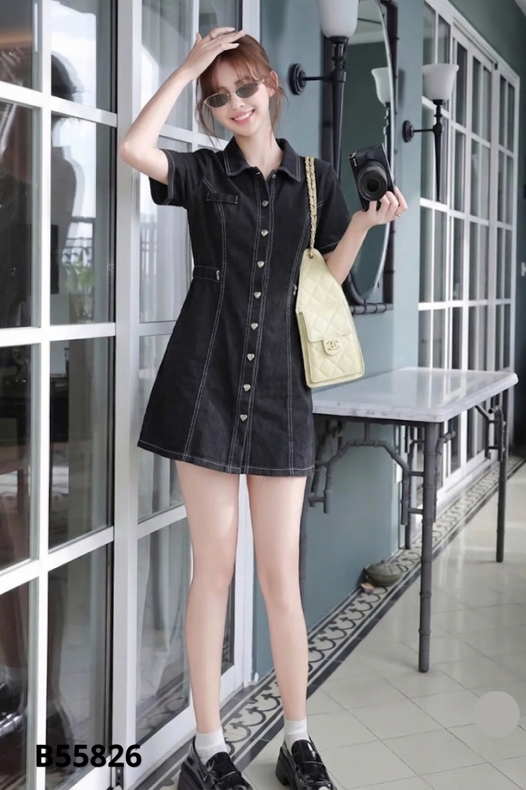 Váy jean đen viền chỉ trắng