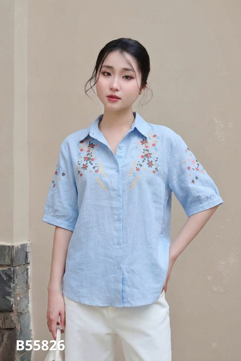 Áo sơ mi MUYUN xanh thêu hoa