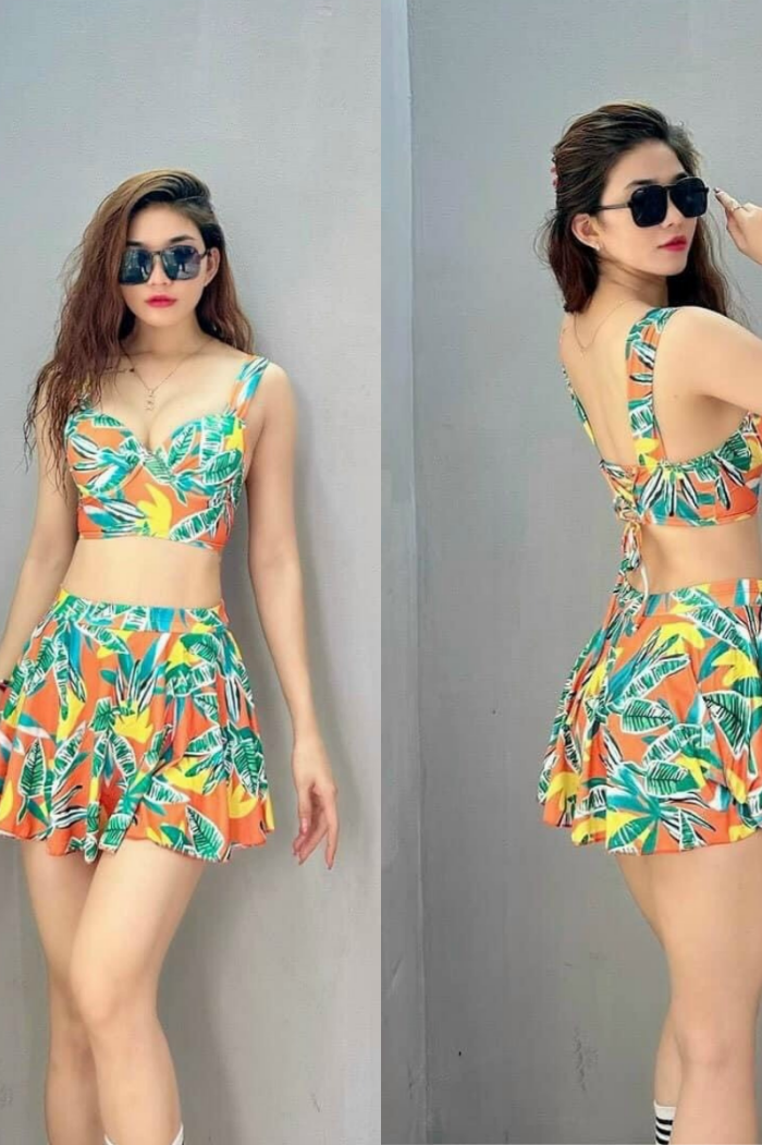 Set Bikini 2 mảnh xanh vàng họa tiết
