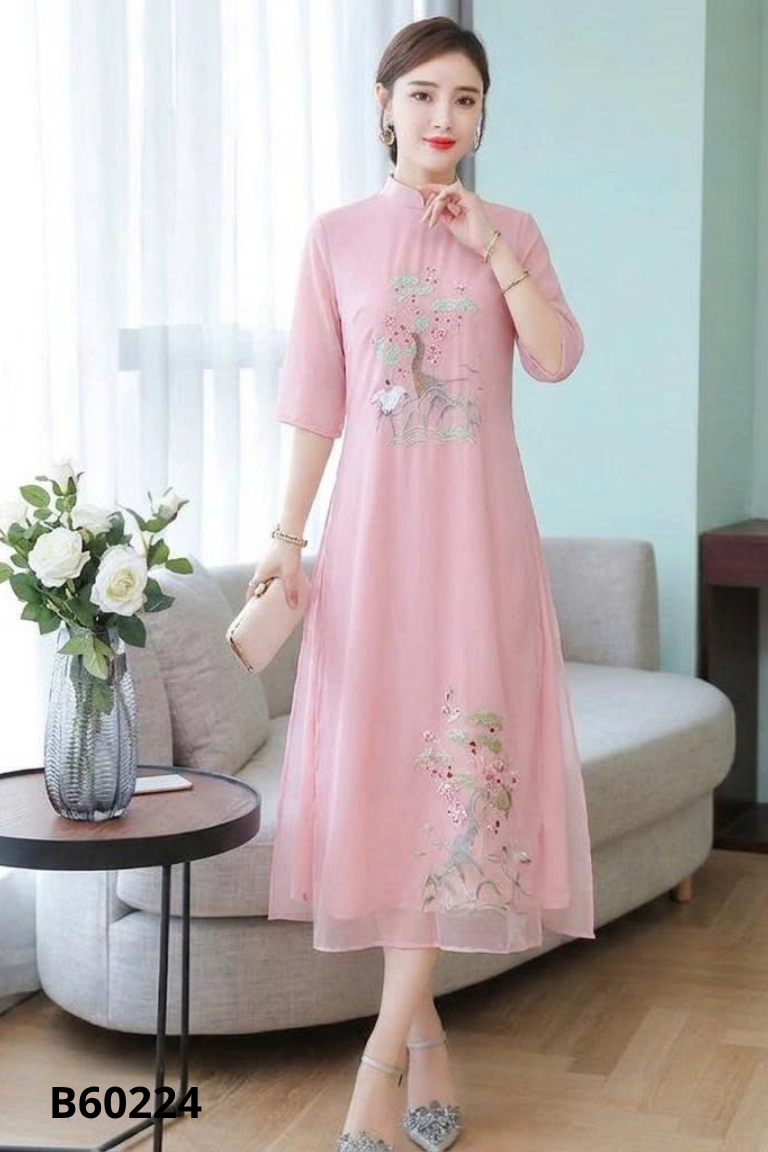 NEWTAG Váy voan hồng thêu hình