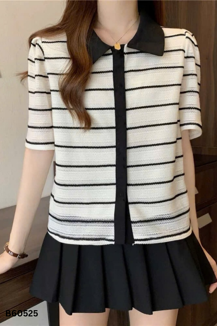 Áo lưới đan len be kẻ đen