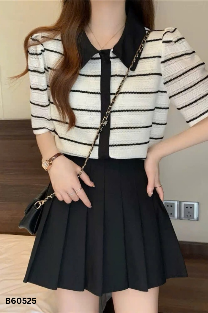 Áo lưới đan len be kẻ đen