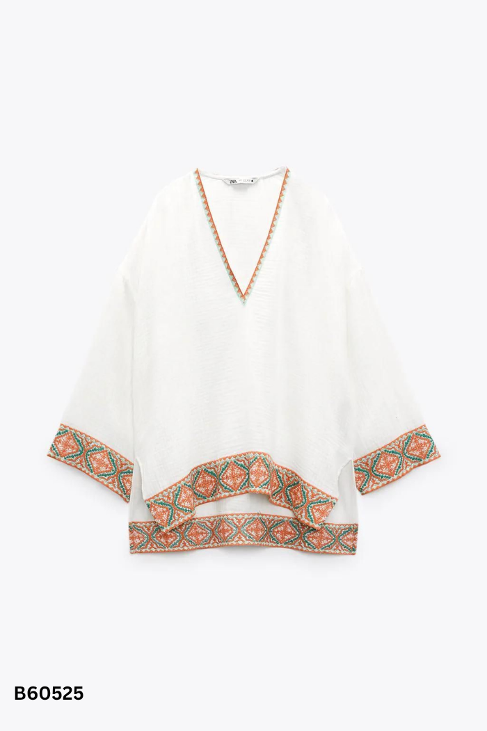 Áo đũi trắng viền họa tiết thổ cẩm (ZARA xuất)