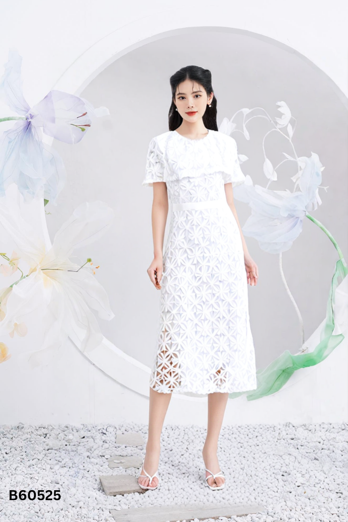 NEWTAG Váy trắng VU DESIGN hoa vạt vai
