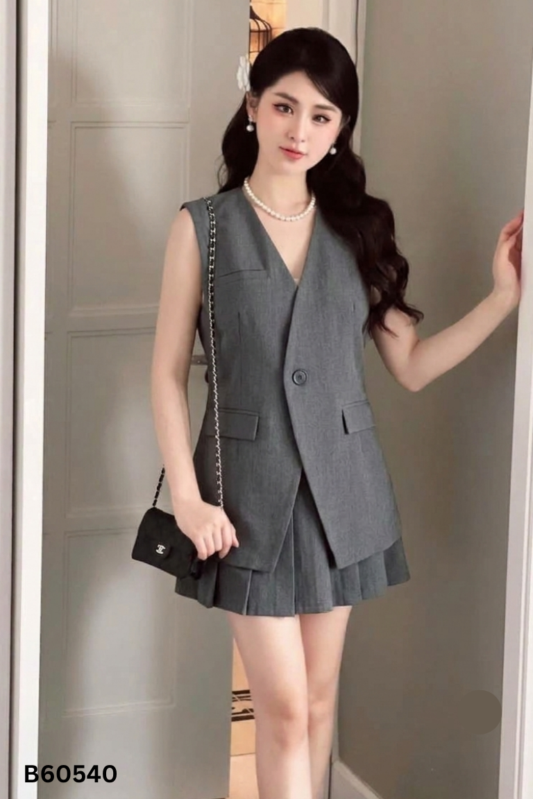 SET áo gile vest REBECCA xám+ chân váy