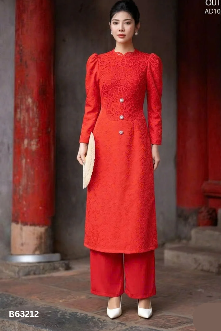Set áo dài họa tiết + quần đỏ